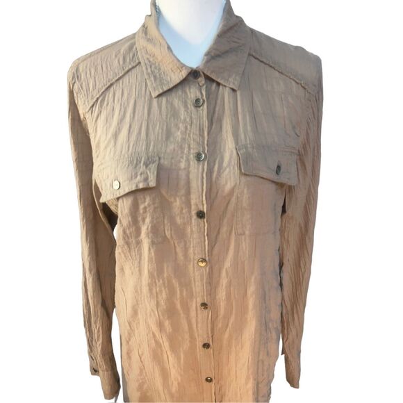 threads Saks Fifth Avenue Tan Crinkle Button-Front Shirt Dress – Size L - Picture 2 of 16